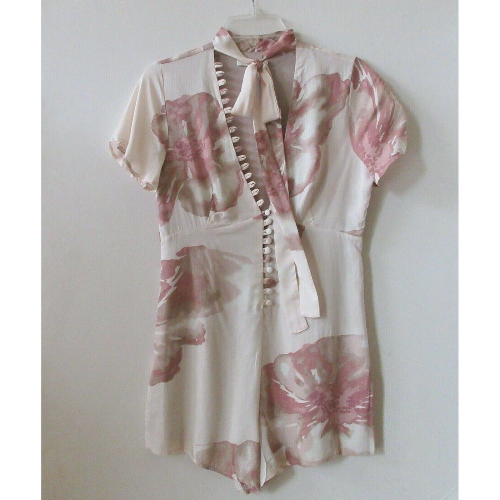 Honey Belle Size M Short Pink Lined Romper Dress Plunging V Neck Covered Buttons